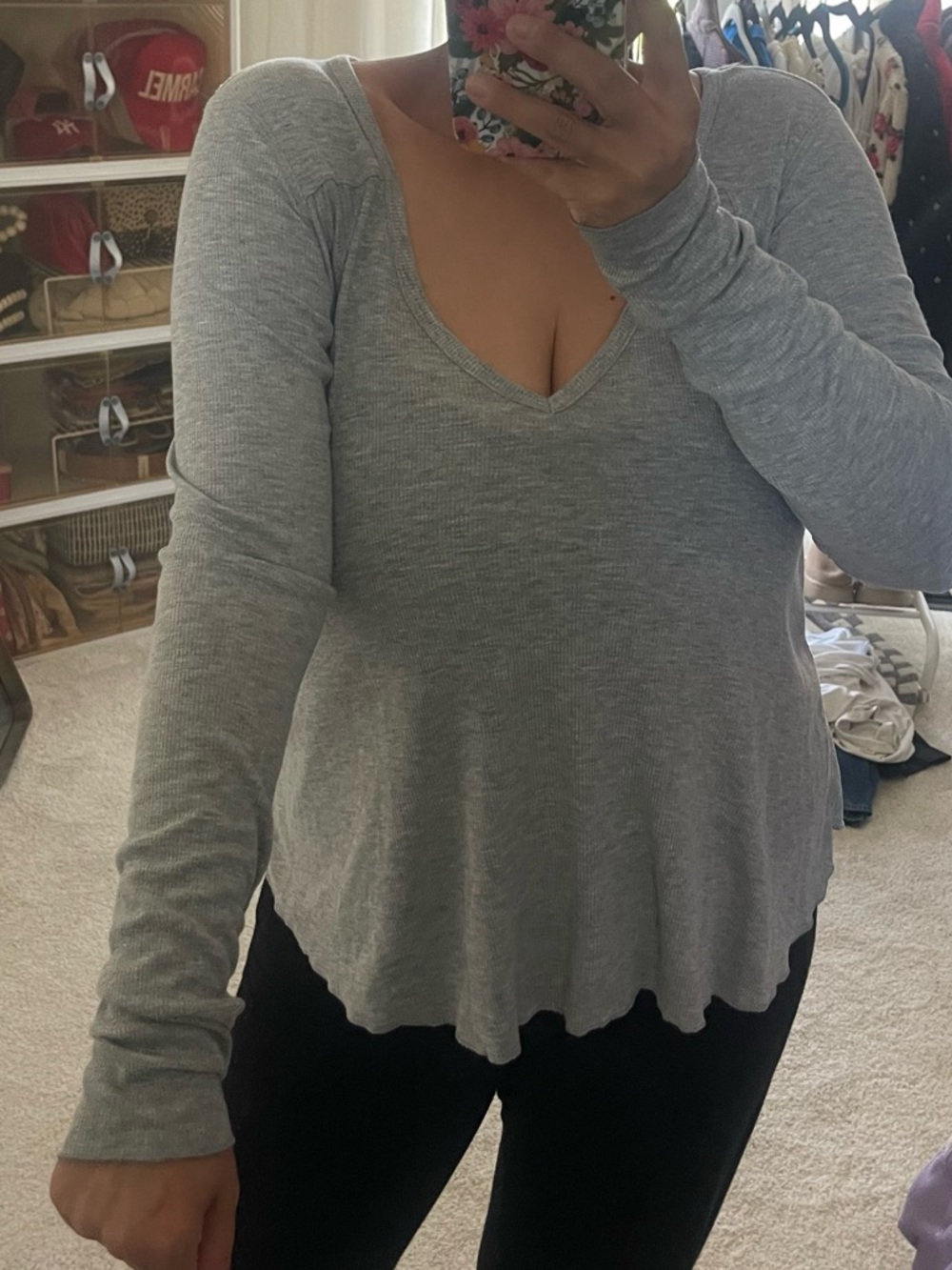 Free People Heather Gray V-Neck Long Sleeve Top